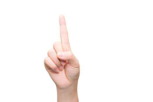 Human hand with one finger sticking up on light gray background