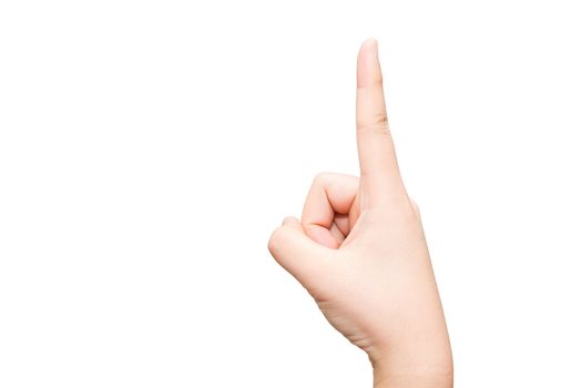 Human hand with one finger sticking up on light gray background