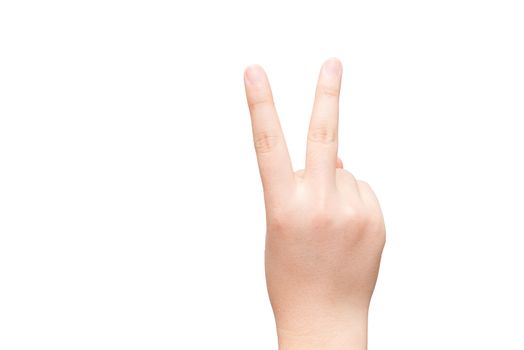 Human hand with two finger posing on light gray background