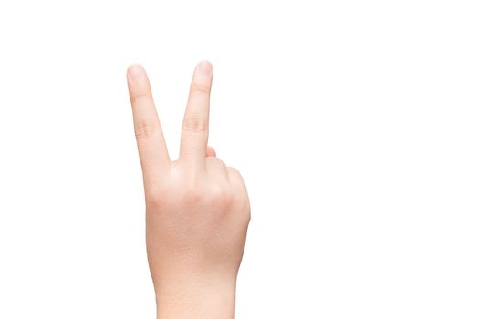 Human hand with two finger posing on light gray background