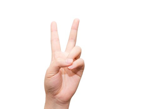 Human hand with two finger posing on light gray background