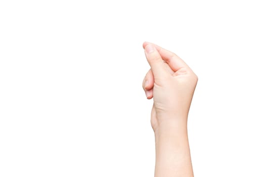 Human hand holding imaginary card on light gray background