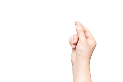 Human hand holding imaginary card on light gray background