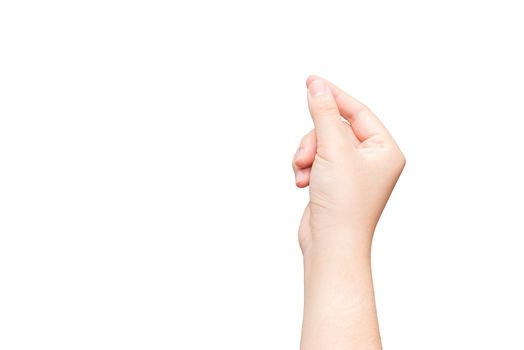 Human hand holding imaginary card on light gray background