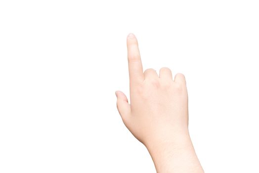 Human hand with one finger touching imaginary tablet on gray background