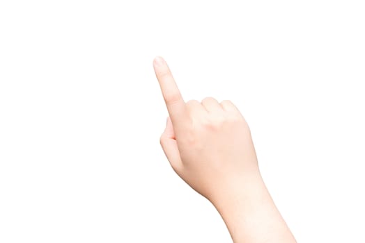 Human hand with one finger touching imaginary tablet on gray background