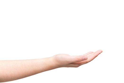 Human hand with open palm ready to recieve on light gray background