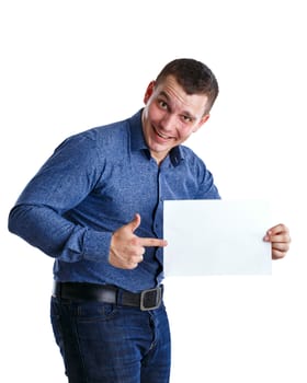 Man holding an empty table, isolated on background