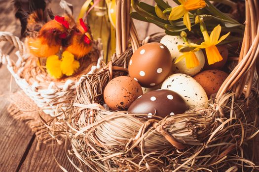 Brown and yellow eggs in basket, Easter decorations