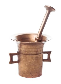 Retro copper mortar and pestle isolated on white