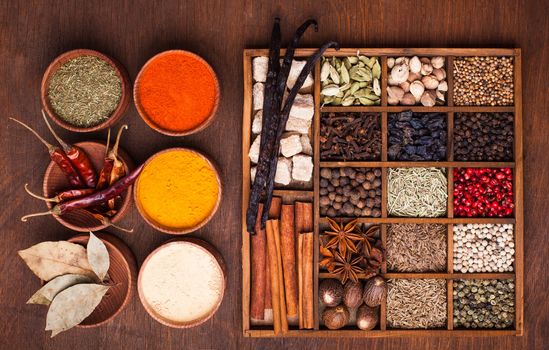 Different types of spices in wooden box