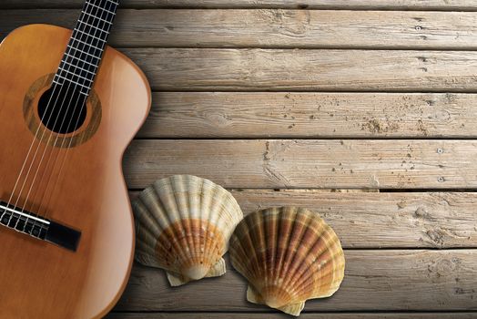Acoustic brown guitar with two sea shells on beach wooden floor over summer sand