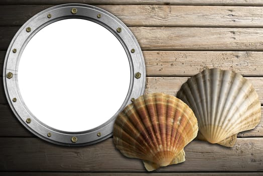 Metal empty porthole with two sea shells on beach wooden floor over summer sand