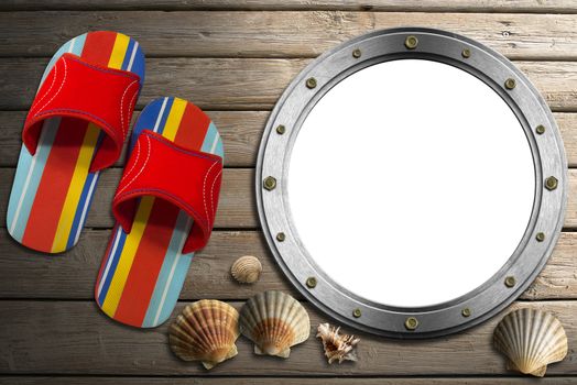 Metal empty porthole with seashells and colored sandals on wooden floor with sand