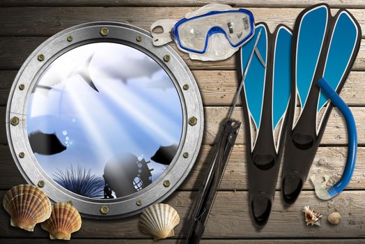 Porthole with sea abyss landscape on wooden floor with sand, seashells, flippers, snorkel and mask for diving and spear gun