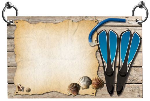 Wooden signboard with sand hanging on to two steel ring with seashells, blue flippers and blue snorkel diving