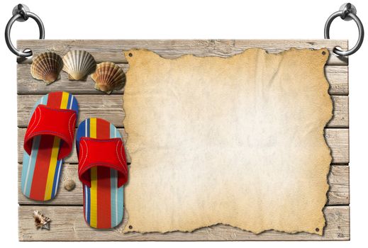Wooden signboard with sand hanging on to two steel ring with seashells, colored sandals and empty parchment