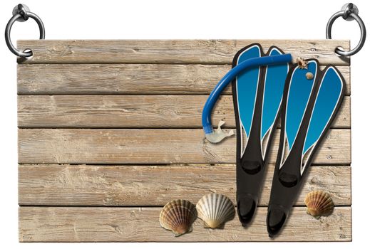 Wooden signboard with sand hanging on to two steel ring with seashells, blue flippers and blue snorkel diving