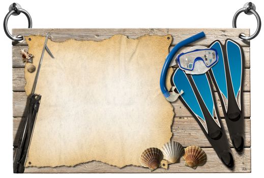 Wooden signboard hanging on steel rings with equipment for spearfishing, seashells and empty parchment