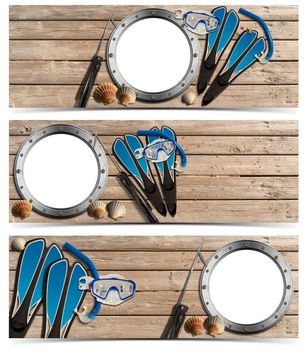 Set of spearfishing banners with metal empty porthole on wooden floor with sand, seashells, flippers, snorkel and mask for diving and spear gun
