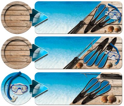 Set of spearfishing banners with blue water, wooden floor with sand, seashells, flippers, snorkel and mask for diving and spear gun
