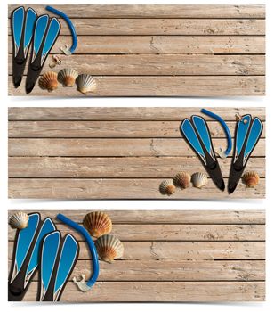 Set of three beach holidays banners with seashells, blue flippers and blue snorkel diving on wooden floor with sand

