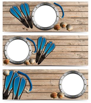 Set of three beach holidays banners with metal empty porthole, seashells, flippers and snorkel diving on wooden floor with sand
