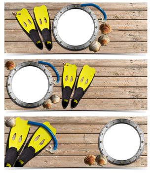 Set of three beach holidays banners with metal empty porthole, seashells, flippers and snorkel diving on wooden floor with sand
