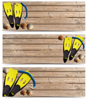 Set of three beach holidays banners with seashells, yellow flippers and blue snorkel diving on wooden floor with sand
