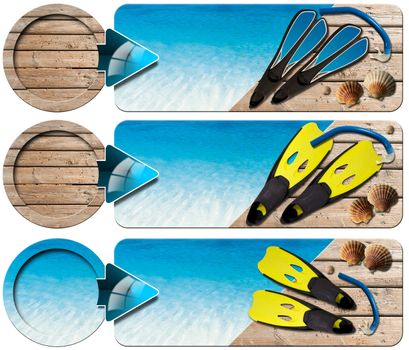 Sea holiday banners with blue water, wooden floor with sand, flippers and blue snorkel diving, seashells and blue arrow 