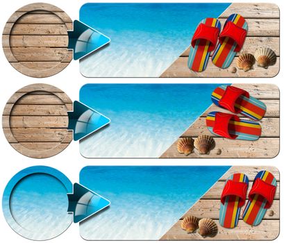 Sea holiday banners with blue water, wooden floor with sand, colored sandals, seashells and blue arrow 