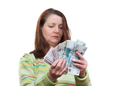 woman counts the money - isolated on white background