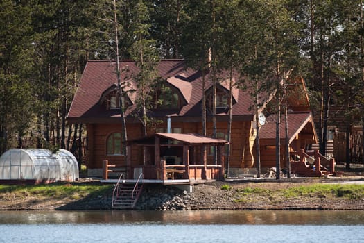 house in a pine forest on the shore of Lake