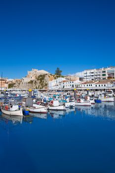 Ciutadella Menorca marina Port view and Ayuntamiento Town hall Balearic Islands