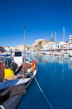 Ciutadella Menorca marina Port view and Ayuntamiento Town hall Balearic Islands