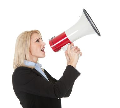 Female executive yelling through a megaphone. Isolated on white