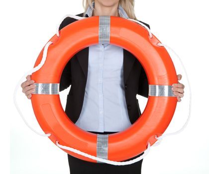 Beautiful businesswoman with life buoy. Isolated on white