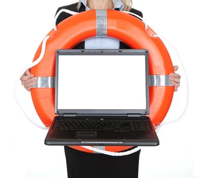 Beautiful businesswoman with life buoy. Isolated on white