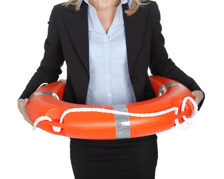 Beautiful businesswoman with life buoy. Isolated on white
