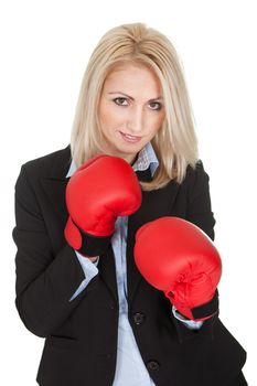 Beautiful businesswomen posing with boxing gloves. Isolated on white