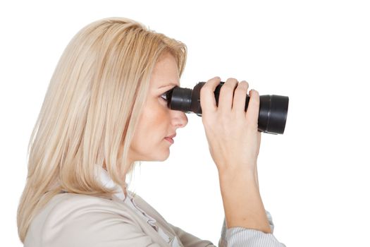 Businesswomen looking through binoculars. Isolated on white