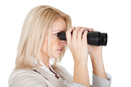 Businesswomen looking through binoculars. Isolated on white