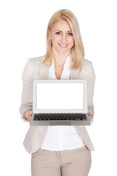 Business woman presenting laptop. Isolated on white