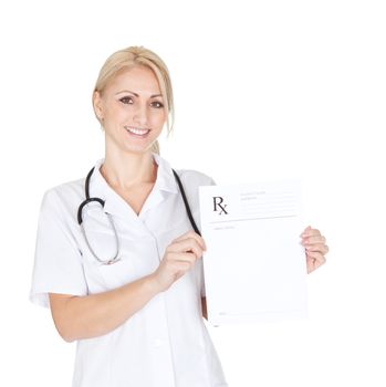 Smiling medical doctor woman with stethoscope. Isolated on white