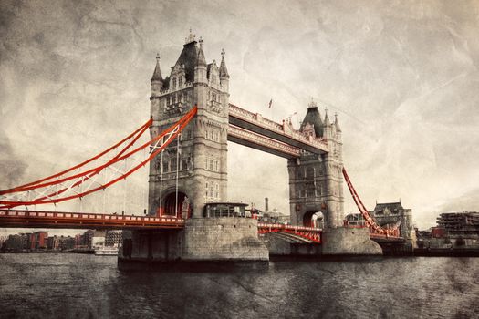 Tower Bridge in London, England, the UK. Artistic vintage, retro style with red elements