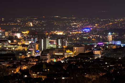 STUTTGART, GERMANY - NOVEMBER 9, 2013: Stuttgart panorama at night as seen from the western areas of the city on November 9, 2013 in Stuttgart, Germany. The Wilhelm-Charlotten platform was renovated in 2012 and offers a great view over the city by day and especially by night.