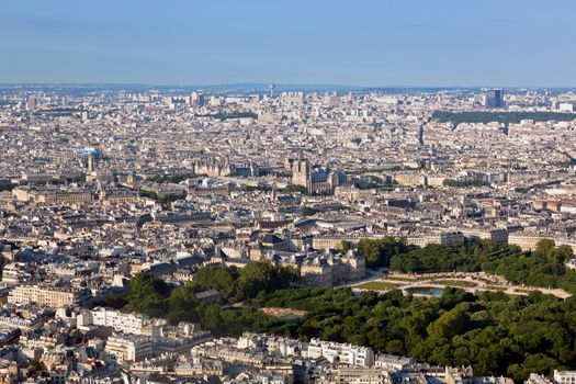 Paris, France top view on Notre Dame de Paris and Luxembourg Gardens
