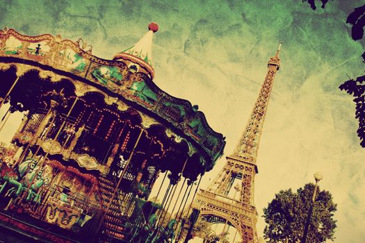 Eiffel Tower and vintage carousel, Paris, France. Retro style