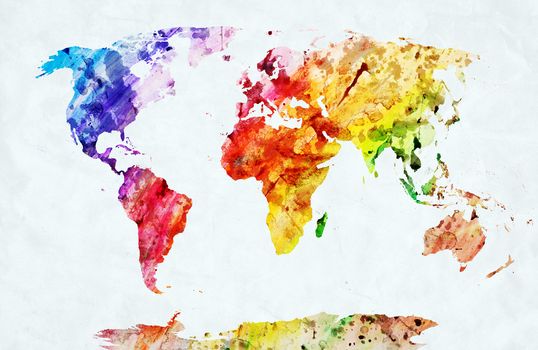 Watercolor world map. Colorful paint on white paper. HD quality