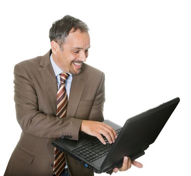 Smiling businessman using a laptop isolated on white background.